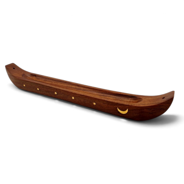 Wierookhouder kano met maanmotief, 36 cm.
